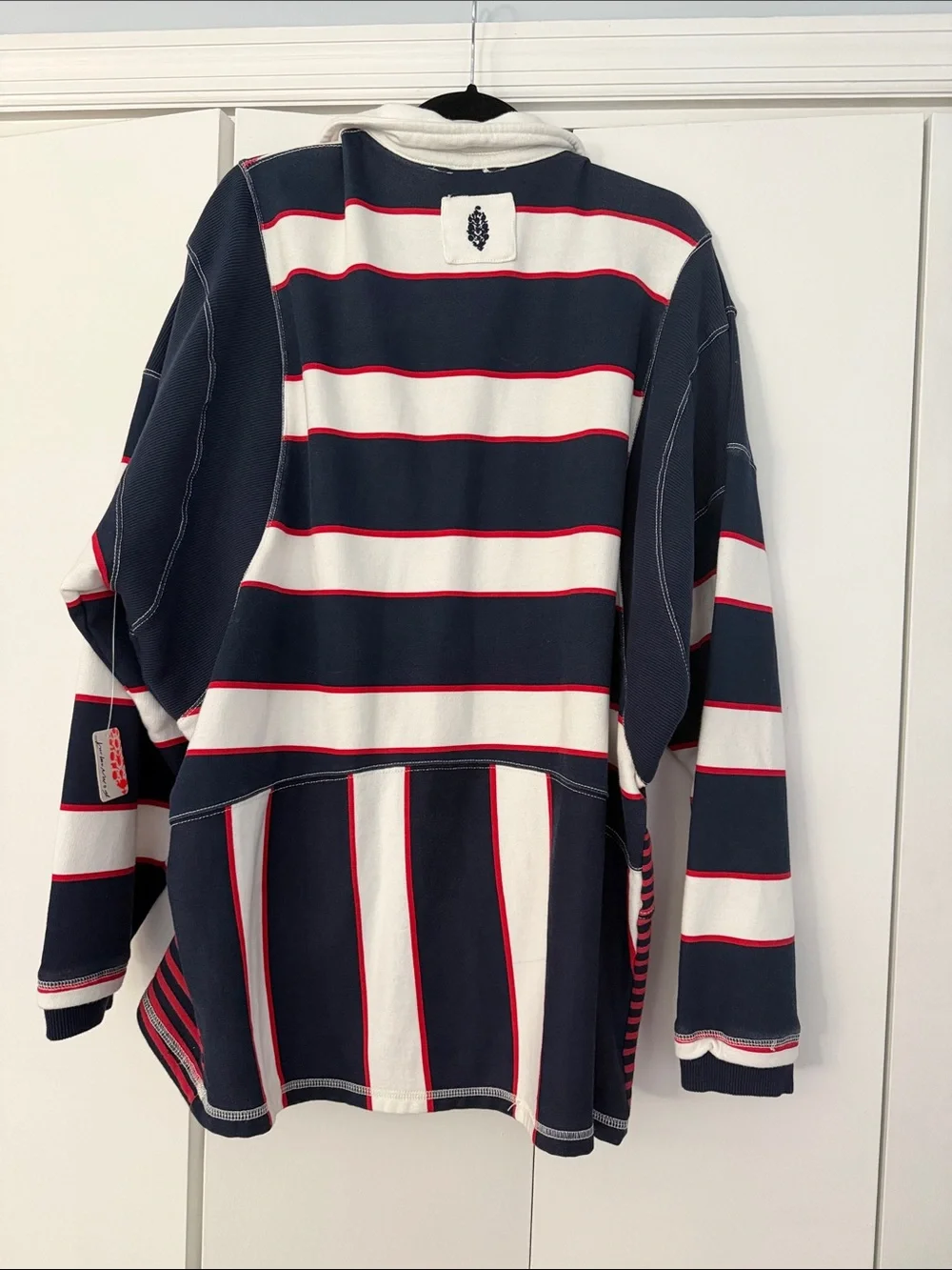 Free People Navy, White & Red Striped V-Neck Rugby Sweater